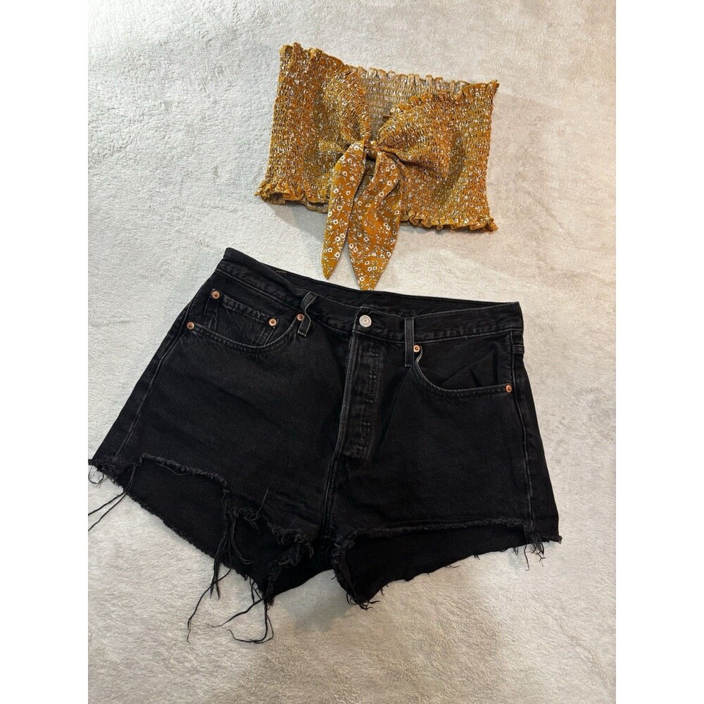 Levi's 501 Black Cut Off Distressed Jean Shorts Button Fly 31  Halter Top XL